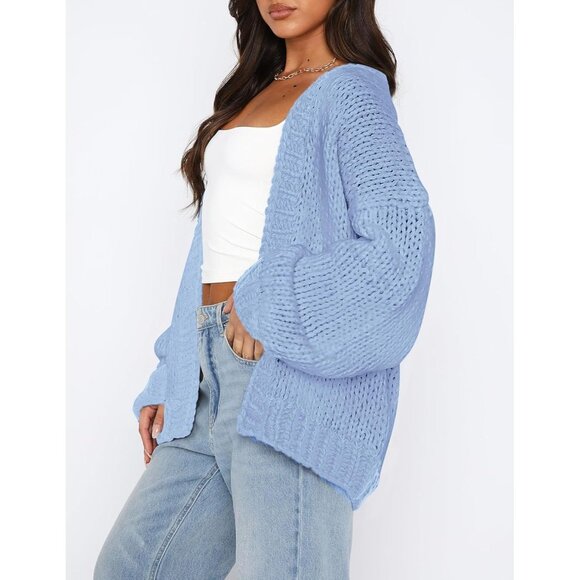 Womens Trendy Cardigan Sweaters Light Blue Long Sleeve Chunky Knit Outfits - Picture 3 of 8